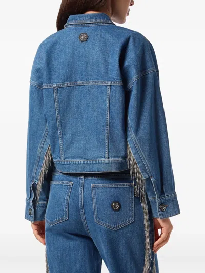 Philipp Plein Denim Cropped Jacket Crystal Fringes In Blue