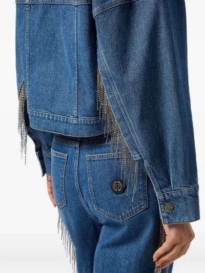 Philipp Plein Denim Cropped Jacket Crystal Fringes In Blue
