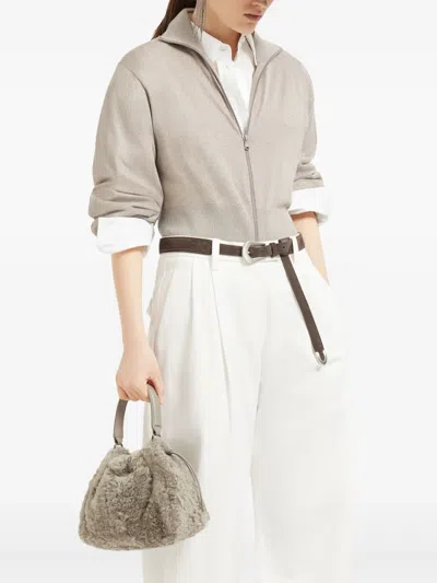 Brunello Cucinelli Shearling Mellow Small Bucket Bag In Neutral