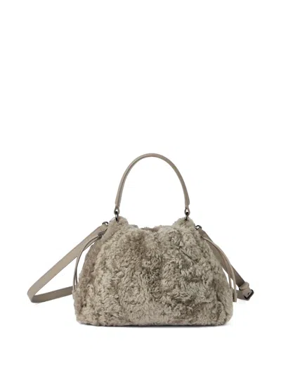 Brunello Cucinelli Shearling Mellow Small Bucket Bag In Neutral