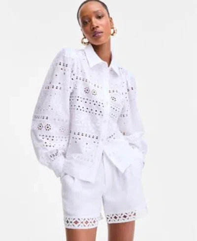 Inc International Concepts Womens Cotton Eyelet Blouson Sleeve Blouse Xs P Xl Exclusively At Macys In White