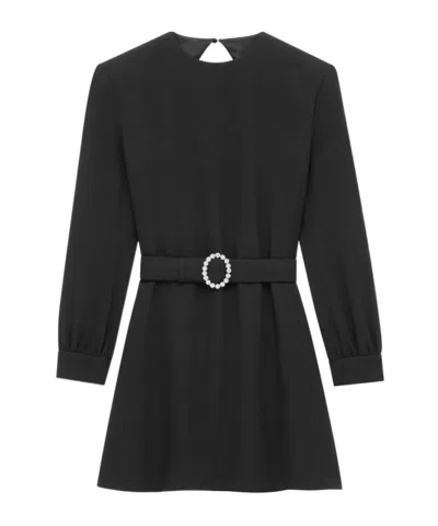 Saint Laurent Wool-cotton Belted A-line Mini Dress In Black