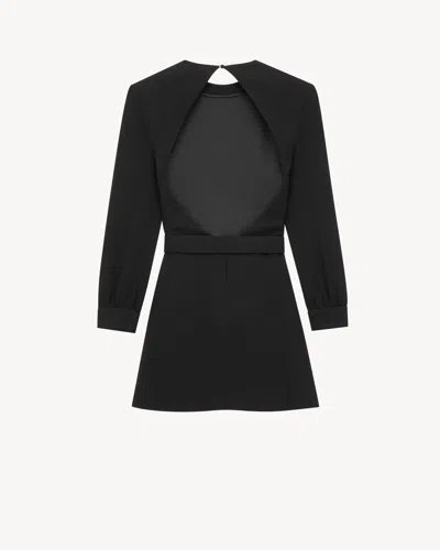 Saint Laurent Wool-cotton Belted A-line Mini Dress In Black
