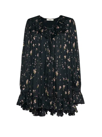 Chloé Gathered Long-sleeve Mini Dress In Silk Charmeuse In Black