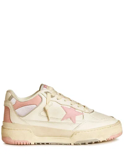 Golden Goose Forty2 Distressed Finish Leather And Fabric Sneakers With Pink Star In White