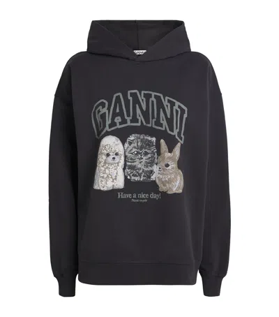 Ganni Oversize Cotton Sweatshirt With Hood And Graphic Print In Black