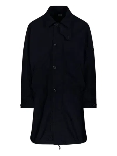 C.p. Company Button-up Minimalist Coat With Adjustable Cuffs And Drawstring Hem In Black