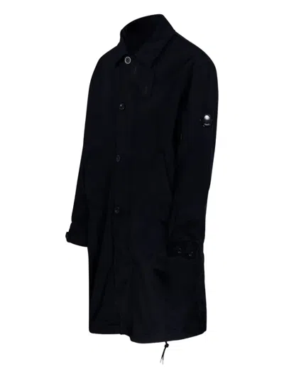 C.p. Company Button-up Minimalist Coat With Adjustable Cuffs And Drawstring Hem In Black