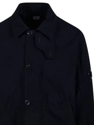 C.p. Company Button-up Minimalist Coat With Adjustable Cuffs And Drawstring Hem In Black