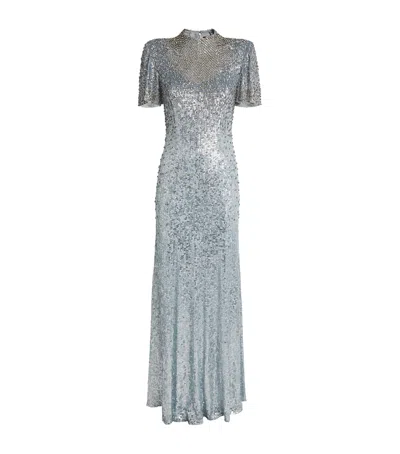 Jenny Packham Jourdain Crystal Sequined Flutter-sleeve Gown In Silver