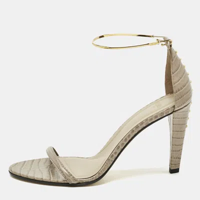 Pre-owned Fendi Grey Croc Embossed Leather Filo Ankle Strap Sandals Size 38 In Gray