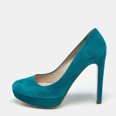 Pre-owned Miu Miu Turquoise Blue Suede Rounded Toe Platform Pumps Size 38