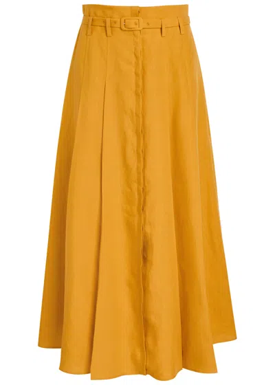 Gabriela Hearst Dugald Pleated Midi Skirt In Golden Birch Aloe Linen In Orange