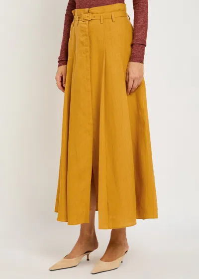 Gabriela Hearst Dugald Pleated Midi Skirt In Golden Birch Aloe Linen In Orange
