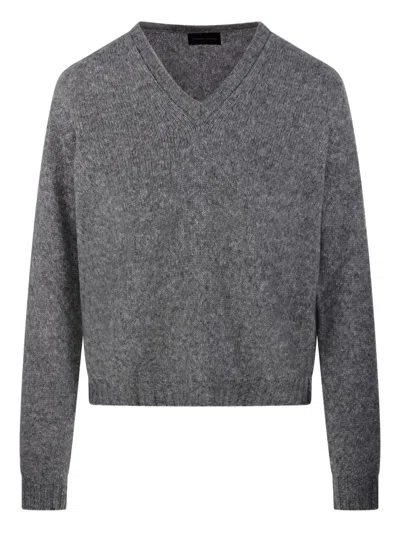 Roberto Collina Wool V-neck Sweater Long Sleeves In Gray