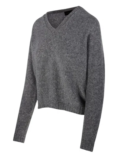 Roberto Collina Wool V-neck Sweater Long Sleeves In Gray