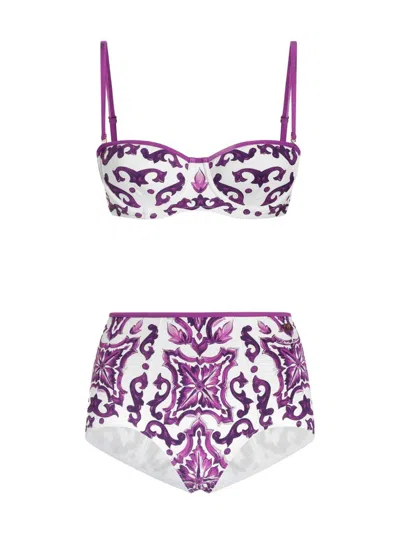 Dolce & Gabbana Women Majolica Print Bikini Swimsuit In Purple