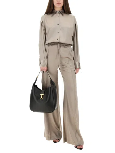 Tom Ford Collared Neck Long Sleeves Pleated Back Top In Gray