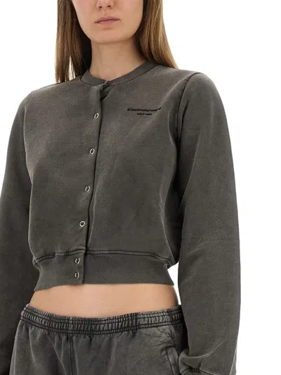 Alexander Wang Shrunken Snap Cardigan Crewneck Sweatshirts Black In Gray