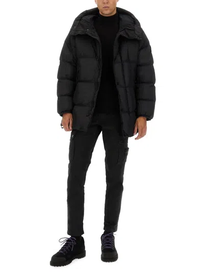 Stone Island Quilted Hooded Long Length Jacket In Black