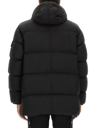 Stone Island Quilted Hooded Long Length Jacket In Black