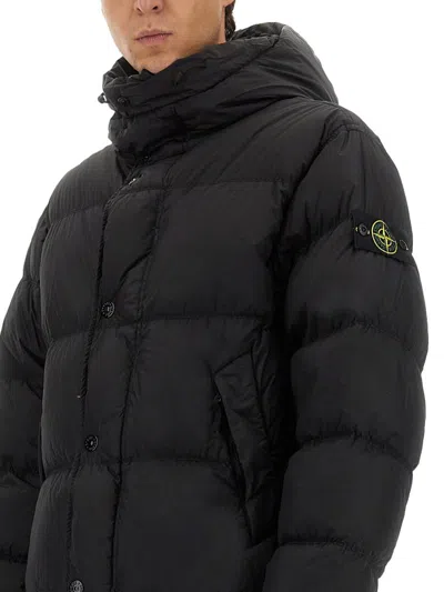 Stone Island Quilted Hooded Long Length Jacket In Black
