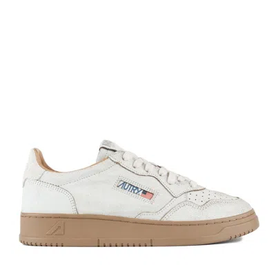 Autry White And Tobacco Brown Scraped Effect Suede Medalist Low Sneakers In White
