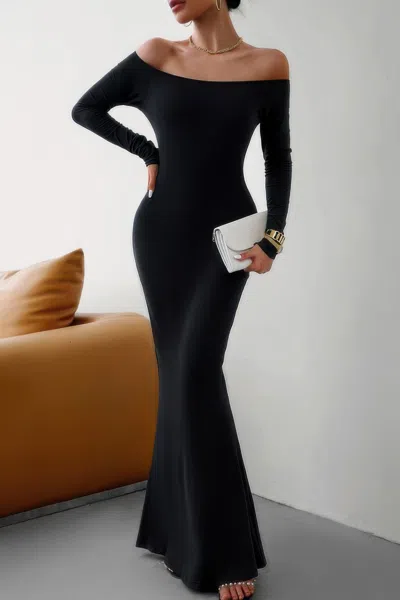 Truedames Solid Elastic Off Shoulder Bodycon Long Sleeve Dress In Black