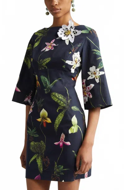 Oscar De La Renta Three Quarter Bateau Neck Poplin Dress In Navy Multi In Blue
