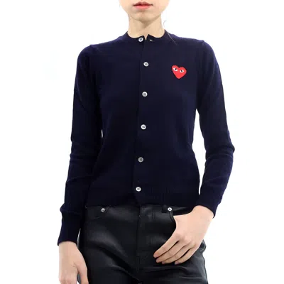 Comme Des Garçons Play Ladies Navy Long Sleeve Logo Cardigan In Blue