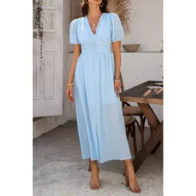 Truedames Solid V Neck Puff Sleeves Solid Knot Detail Dress In Blue