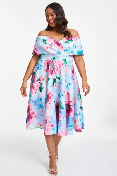 Quiz Plus Size Scuba Floral Bardot Skater Midi Dress In Blue