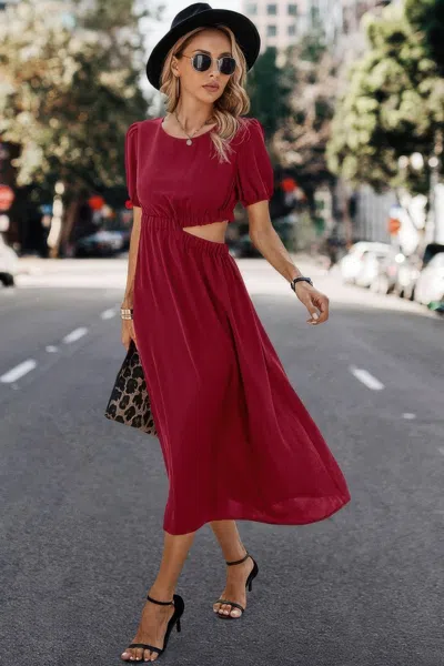 Truedames Solid Round Neck Cutout Waist A Line Midi Dress In Red