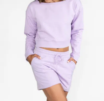 Body Wrappers French Terry Off Shoulder Cropped Sweatshirt In Lavender In Purple