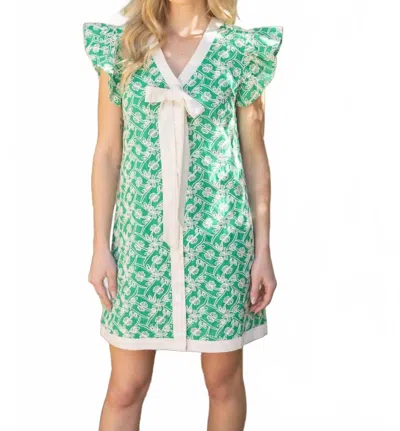 Voy Embroidered Ruffle Sleeve Contrast Ribbon Dress In Green In Green