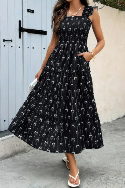 Truedames Cross Print Square Neck Sleeveless Pocket Dress In Black