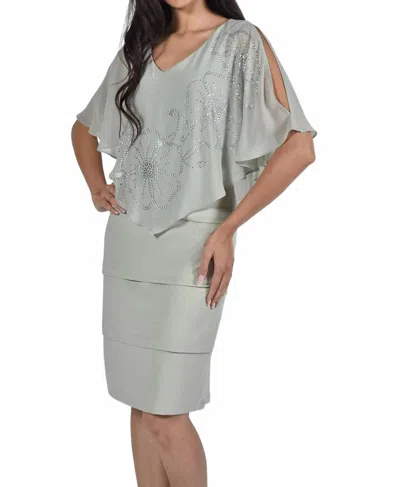 Frank Lyman Knit Dress With Chiffon Overlay In Green Tea In Gray