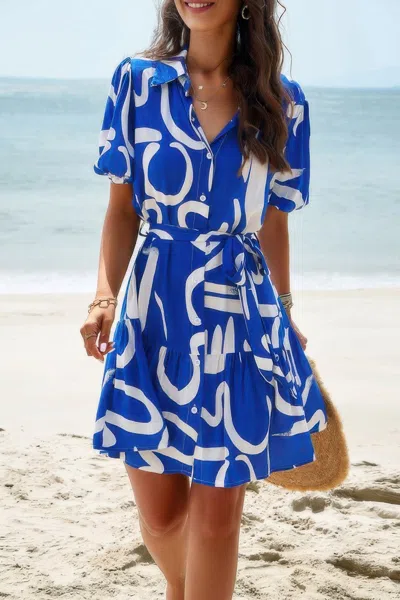 Truedames Random Print Button Down Belt Ruffle Midi Dress In Blue