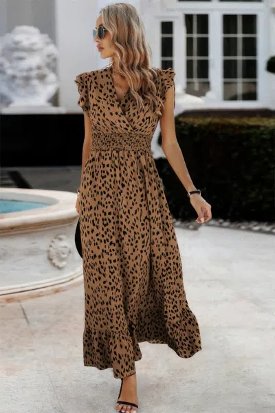 Truedames Boho V Neck Wrap Ruffled A Line Long Dress In Brown