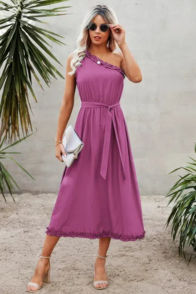 Truedames Solid One Shoulder Ruffle Hem Belt A Line Dress In Purple