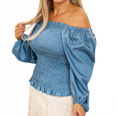Sterling Kreek Denim Darling Off The Shoulder Top In Light Blue In Blue