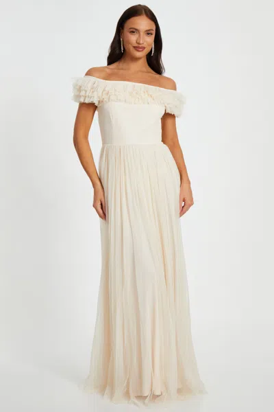 Quiz Mesh Ruffle Bardot Maxi Dress In Pink