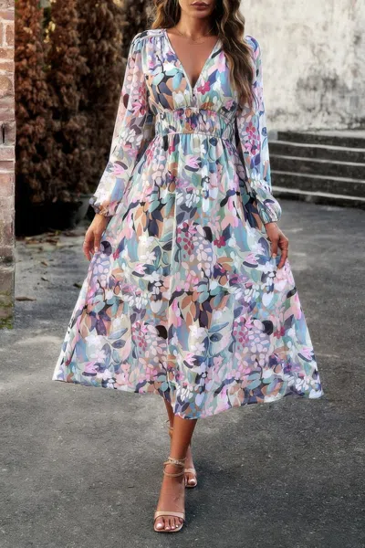 Truedames Boho V Neck A Line High Waist Long Sleeve Dress In Multi