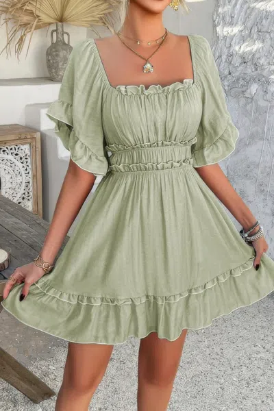 Truedames Off Shoulder Square Neck Ruffle Trim Short Dress In Green