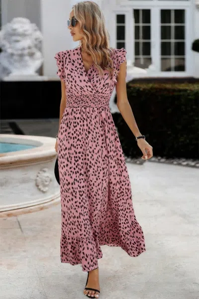 Truedames Boho V Neck Wrap Ruffled A Line Long Dress In Pink