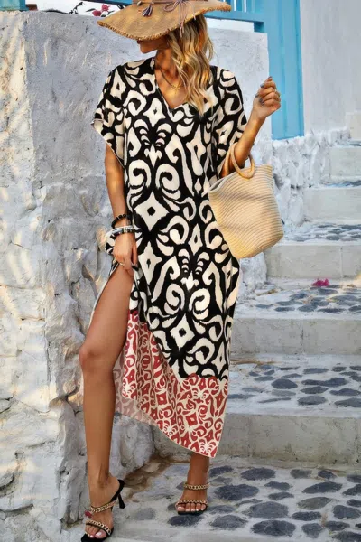 Truedames Random Printed V Neck Split Loose Dress In Multi