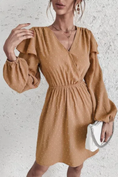 Truedames Swiss Dot Surplice Neck Ruffle Shoulder Midi Dress In Brown