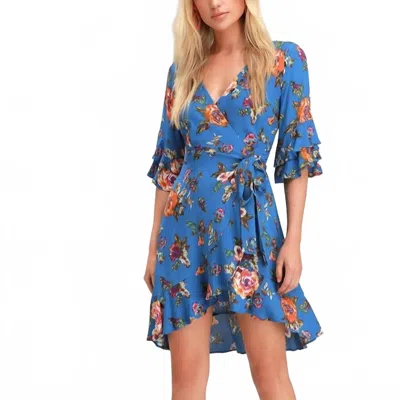Coverstitch Floral Wrap Dress In Royal Blue In Blue