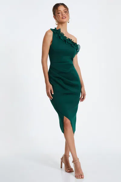 Quiz Women's Scuba One-shoulder Trim Ruched Midi Dress In Green