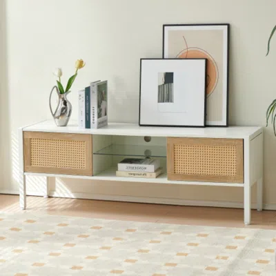 Hivvago 54.33 Inch Rattan Tv Cabinet With Adjustable Color Light Strip In White Finish